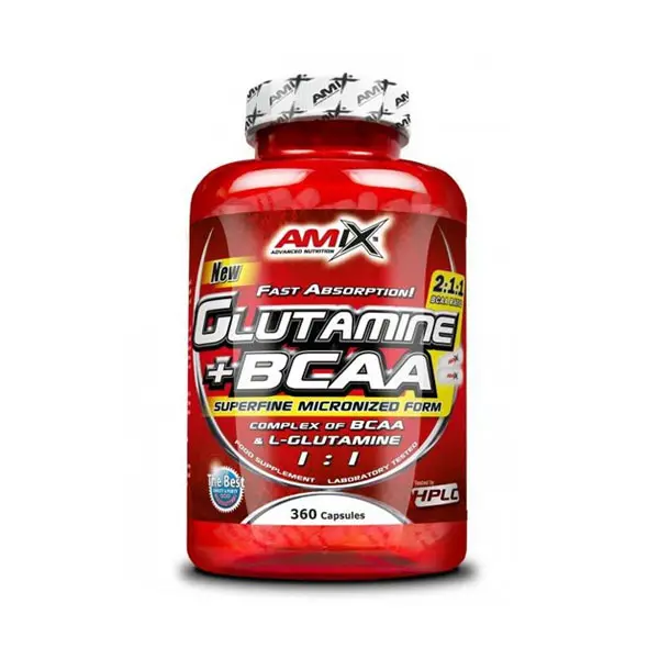 AMIX - Glutamine + BCAA Capsules - 360 caps. - Apoyo integral para la recuperación muscular - 360 cápsulas para una dosificación conveniente - Combinación de Glutamina y BCAA para máximo efecto. - 1