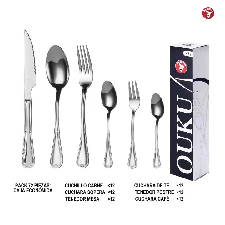 Mr.Spoon Serie Flores Juego 60 o 72 piezas cubiertos,Acero Inoxidable18/0,Plateado,Económico y funcional,Incluye cuchillo de carne o mesa,tenedor,cuchara,cucharilla,etc.Mango monobloque,Apto para lavavajillas,Empaque ecológico,Para casa,hotel,restaurante - 1