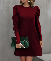Vestido De Manga Larga Redonda Con Mangas Flotantes Y Botones Para Mujer Estilo Oficina Dama Longitud De Rodilla Poliéster Elástico Suave - details 27