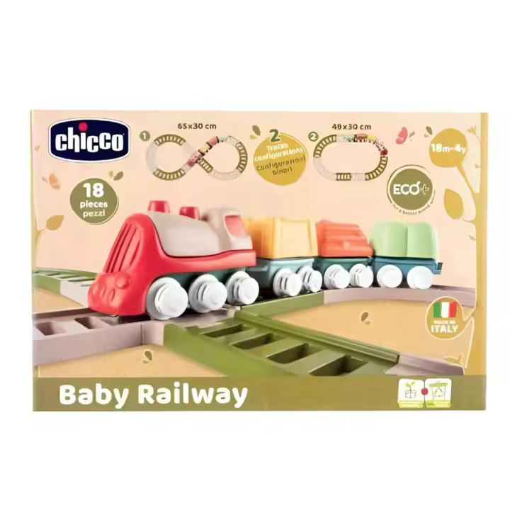 Chicco Set Tren Eco+ para Niños, Juego Tren Infantil Completo, 18 Piezas, Locomotora, Vagones, con Enclavamiento, 2 Configuraciones, Fabricado en Italia, 80% Plástico Reciclado, Niños 18 Meses-3 Años - 1
