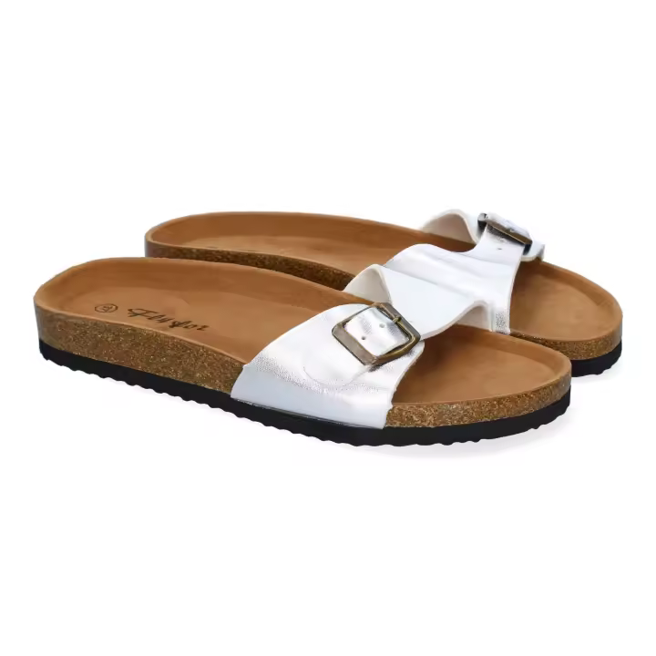 PuntoSalao Sandalias planas cómodas para mujer pala hebilla color plata M-102 - 1