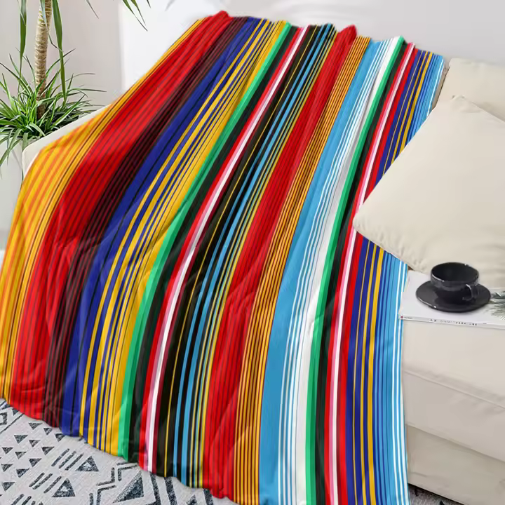 Manta De Ternura Para Niños Estilo Mexicano Con Rayas Coloridas Manta Suave De Algodón Poliéster Para Sofá Y Cama Portátil Manta De Invierno Impermeable Antipelusa Y Retorcionable - 1
