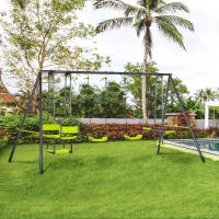 Outsunny Juego de Columpio Infantil Exterior con 2 Columpios Asientos Abatibles Balancín y Marco de Acero Columpios para Niños de 3-8 Años 355x184x186 cm Verde - details 1
