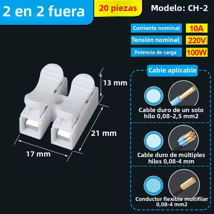 Conectores De Cable Eléctricos CH2 Quick Splice Lock 2Pines Terminales De Cable De 21x17x13mm Para Conexión Segura Y Rápida - 1
