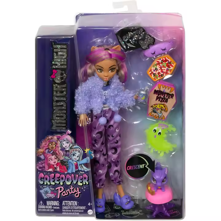 Monster High Fiesta de Pijamas Clawdeen Wolf Muñeca - CREEPOVER PARTY CLAWDEEN WOLF MONSTER PIZZA -  articulada con Pijama, Mascota Crescent y Accesorios, Juguete +4 años - 1