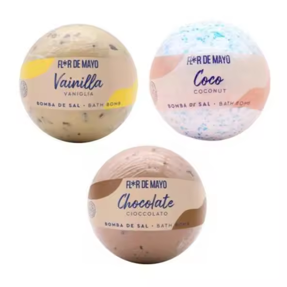 PACK 3 BOMBAS SAL DE BAÑO FLOR DE MAYO - VAINILLA, COCO Y CHOCOLATE - 1