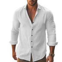 Camisa informal de manga larga de color liso para hombre, camisa playera de algodón con solapa y botones, de manga larga - details 25