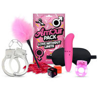 AMOUR PACK Set de 7 Piezas Love Without Limits Juguetes sexuales Antifaz Pluma Esposas Dados Vibrador Consolador - details 0