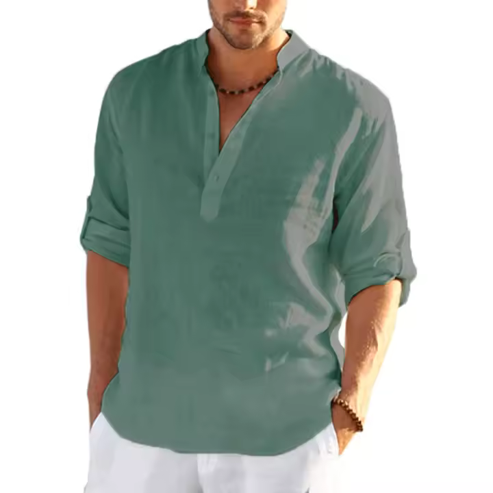Nueva Camiseta de manga Larga de Lino para hombre, Camisa informal holgada de Color sólido, Camisa de Lino de Algodón de manga Larga - 1