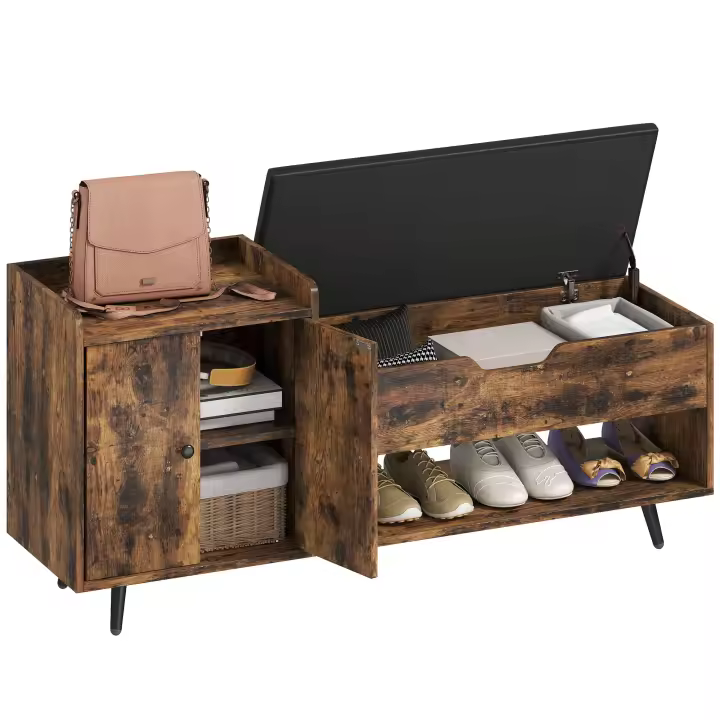 HOMCOM Banco Zapatero, Banco Recibidor Industrial, con Asiento Acolchado, Compartimento Oculto, Estantes, Puertas, Estante Abierto para 3 Pares de Zapatos, para Entrada, 127x35x59 cm, Marrón Rústico - 1