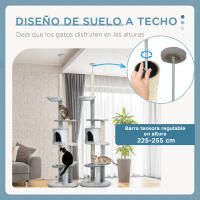 PawHut Árbol para Gatos de Suelo a Techo de 225-255 cm Torre para Gatos Ajustable en Altura con Cueva Plataformas Hamaca Postes Rascadores y Bolas Colgantes Ø60x225-255 cm Gris - details 3