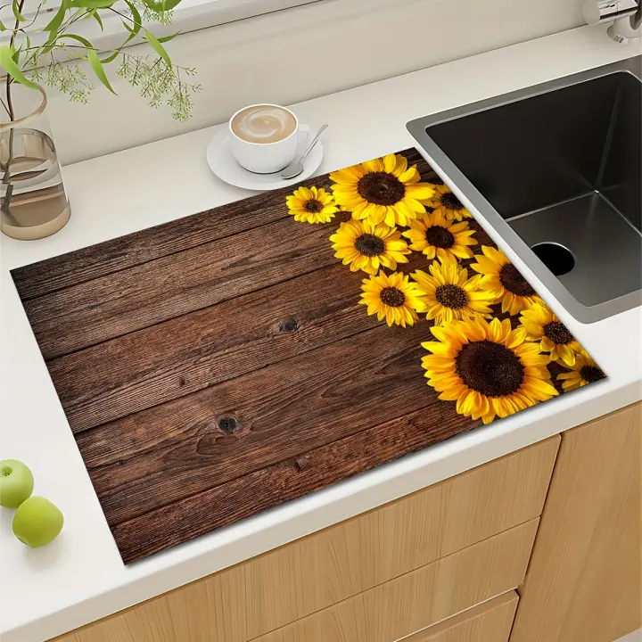 Alfombrilla De Secado De Platos Con Patrón De Girasol Y Grano De Madera Absorbente Para Cocina Y Baño Matriz Durable Para Vajilla Accesorio - 1