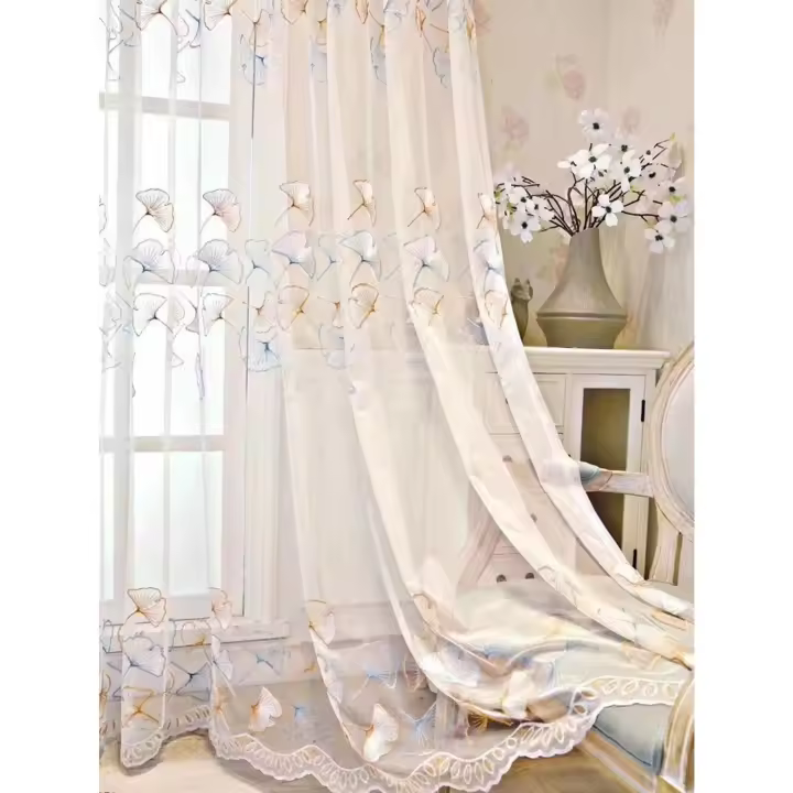 Cortina De Ventana De Estilo Coreano Ligero Y Lujo Con Patrón De Hoja De Ginkgo Bordado Para Sala De Estar Y Dormitorio 1PC Polyester Translúcido Sin Aislamiento Térmico - 1