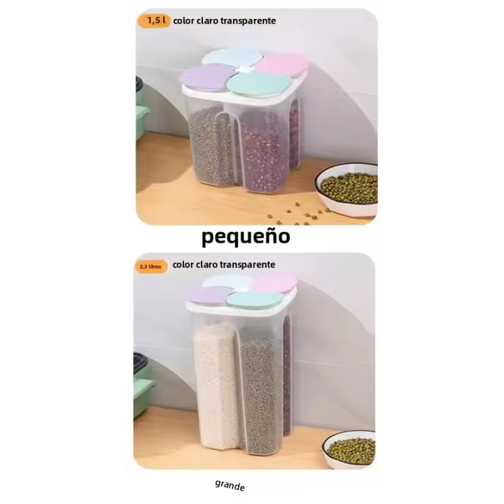 Caja De Almacenamiento De Granos Con Tapa Dividida 1.5L Cubo De Plástico Transparente Para Cocina Sellado 2.3L - 1