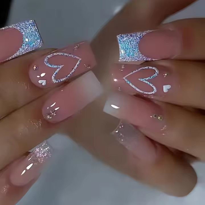 24pcs Uñas Postizas De Presión En Forma De Cuadrado Medio Y Largo Con Gradiente Para Mujeres Y Niñas Para Uso Diario - 1