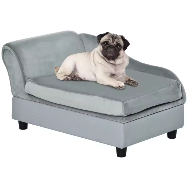 PawHut Sofá para Mascotas con Alfombra, Cama para Perros, Alfombra para Perros, sofá para Perros con Espacio de Almacenamiento, Madera Natural + Felpa, Gris Claro, 76 x 45 x 43 cm - 1