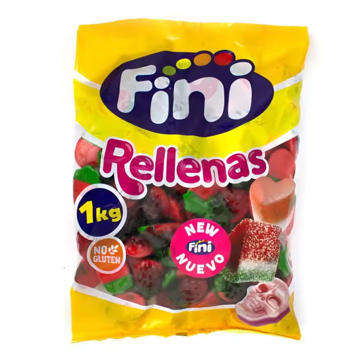 Fini Rellenas Fresa Salvaje - Bolsa de 1 Kg - Golosinas con Relleno Cremoso - Sabor Intenso a Fresa - Sin Gluten - 1