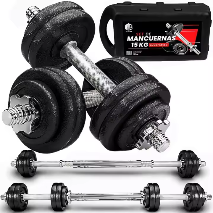 ManiBoom Maletin Pesas y Mancuernas Ajustables de HIERRO ANTIDESLIZANTES - Mancuernas 10kg 15kg 20kg 30kg 40kg 50kg con Barra Regulables y Cierre de SEGURIDAD - Kit de Ejercicio Gym en Casa - 1