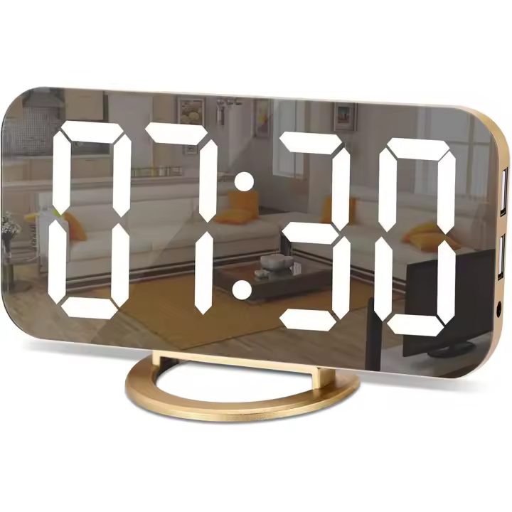 Reloj despertador digital, reloj de escritorio con LED y espejo, pantalla grande, con dos puertos de carga USB, 3 niveles de brillo, 12/24 h, reloj electrónico moderno para estar - 1