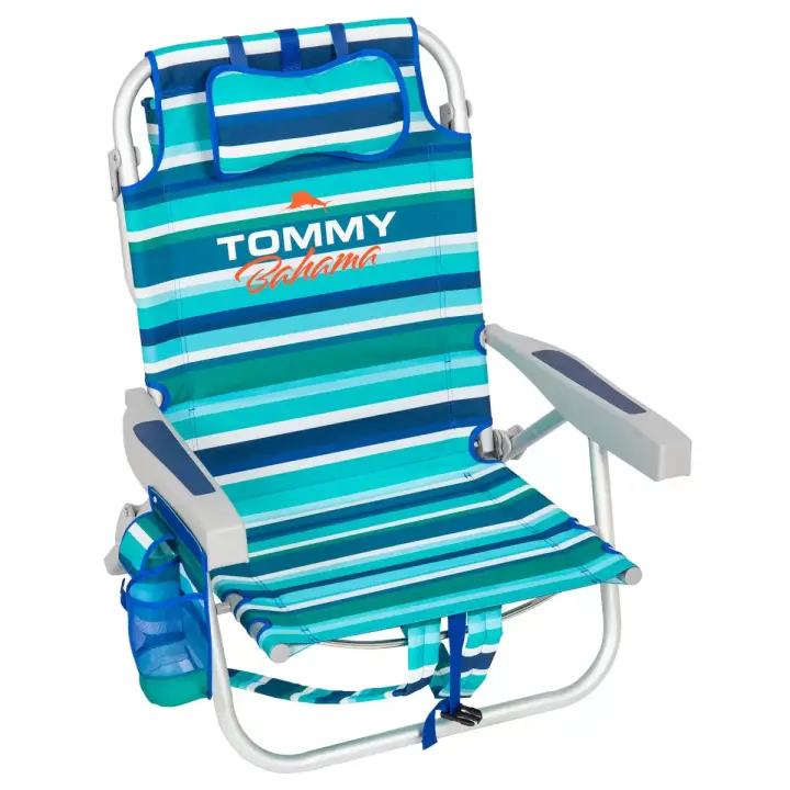 Silla de Playa Tommy Bahama Reclinable 5 Posiciones - Hamaca de Playa Tommy Bahama Reclinable 5 Posiciones - Tumbona Plegable, Ligera y Resistente, Con Mochila, Almohada, Portavasos y Bolsillos Térmico - Aluminio y Poliéster - 1