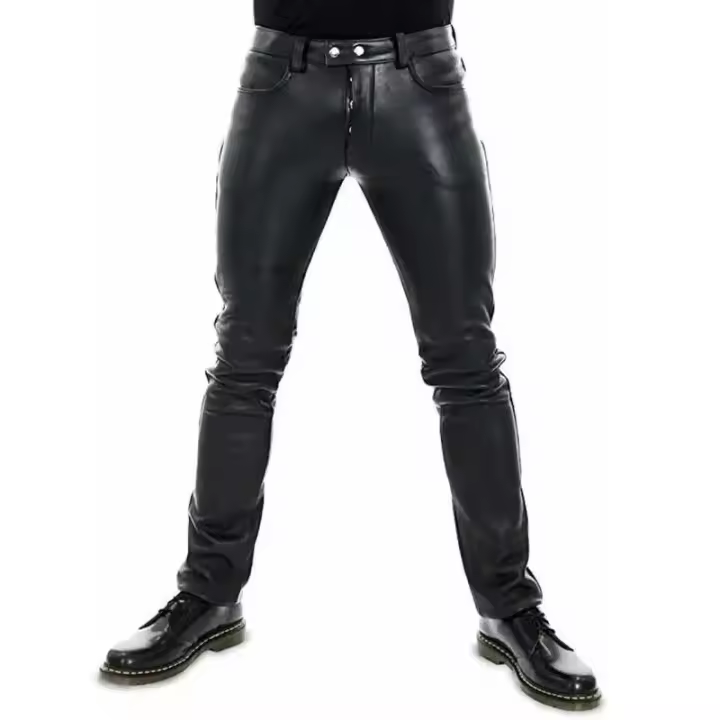 Pantalones De Cuero Para Hombre Estilo Punk Ajustados De Color Sólido Moto Piel PU Cierre De Botón Fly Midweight - 1