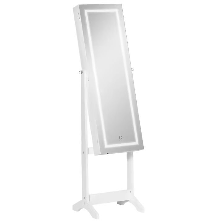 HOMCOM Espejo Joyero de Pie Armario de Joyería con Tira de Luces LED y Cerradura Magnética Organizador de Joyas con Estantes Ranuras para Anillos 46x36,5x151,5 cm Blanco - 1