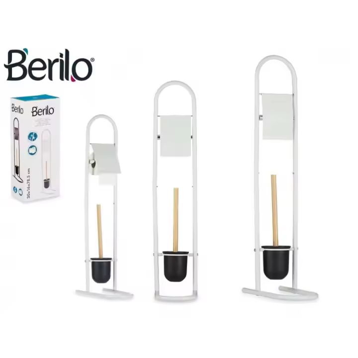 BERILO Portarrollos de papel higiénico con escobillero de bambú, material: metal, plástico y bambú, soporte para papel higiénico - 1