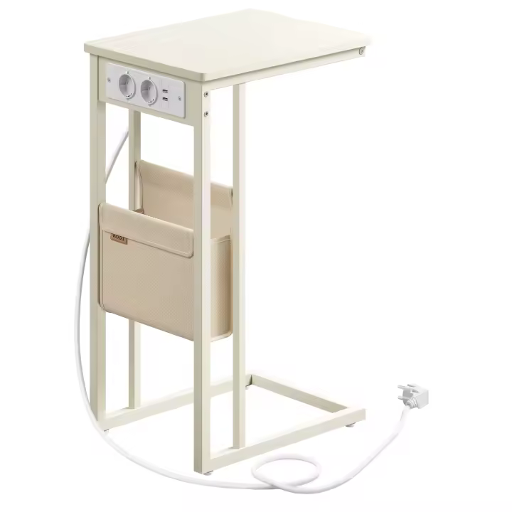 VASAGLE Mesa Auxiliar, Mesita de Noche con Estación de Carga, en Forma de C, para Espacios Pequeños, 2 Puertos USB y Enchufes, Bolsa, pies Ajustables, para Dormitorio, Salón, Negro Tinta/Blanco Crema - 1