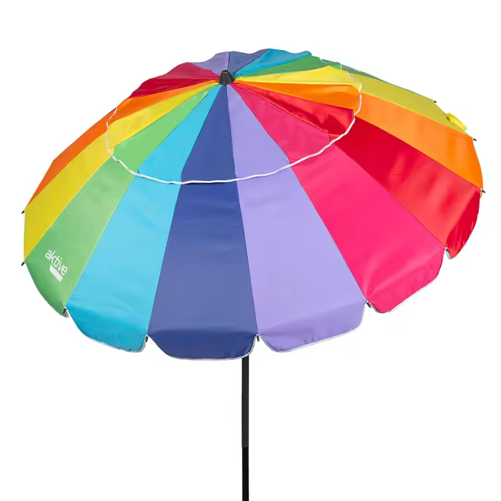 Aktive - Sombrilla playa antiviento 220 cm o 240 cm, Max Air, multicolor, superresistente, poliéster con protección UV50 y revestimiento plateado, 16 varillas fibra de vidrio, mástil aluminio inclinable Ø29/32 mm, incluye funda, con ventilación superior - 1
