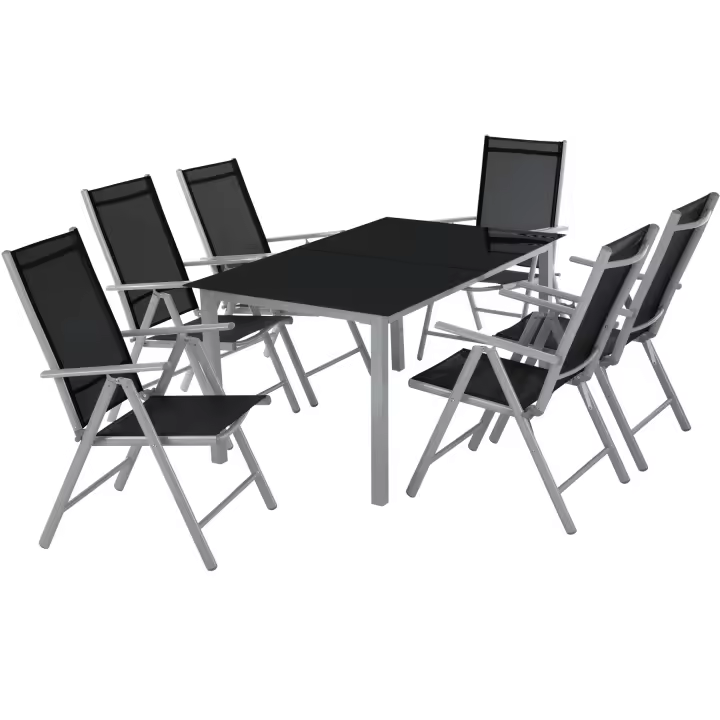Tectake - Conjunto de sillas de aluminio 6+1  Estructura de mesa y sillas de aluminio de acero revestido en polvo  Tablero de mesa robusto de vidrio de seguridad  Sillas plegables, compactas y muy cómodas - 1