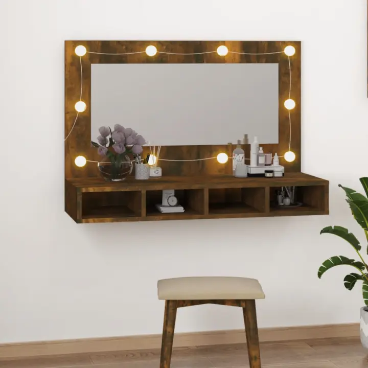 vidaXL Mueble con espejo y LED color 90x31,5x62 cm en color Roble ahumado/Madera antigua/Blanco brillante y más | almacenamiento funcional diseño moderno para baño dormitorio sala - 1