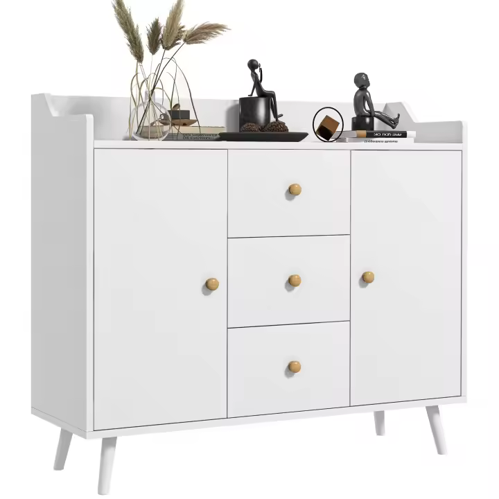 HOMCOM Aparador de Salón Moderno Aparador de Cocina con 2 Puertas 3 Cajones y Patas de Madera de Pino para Comedor Pasillo Dormitorio 90x32x80 cm Blanco - 1