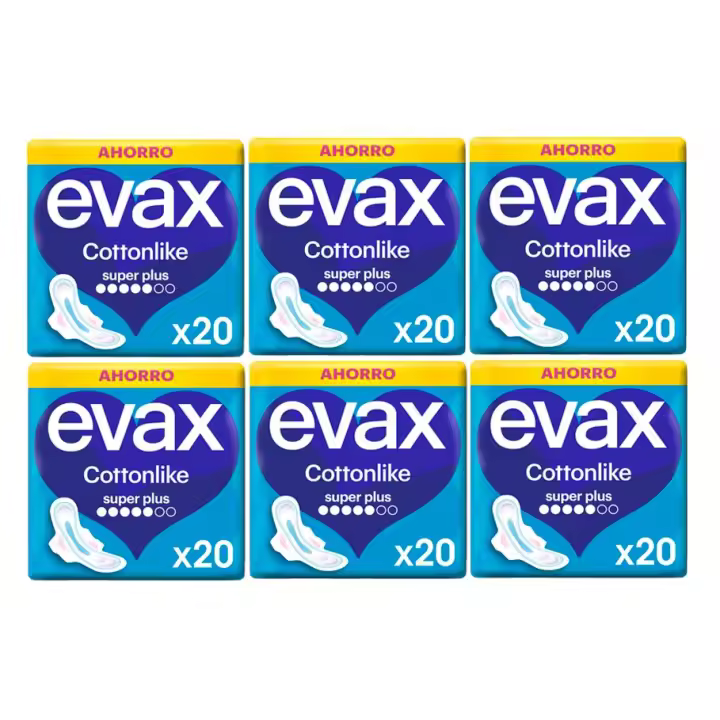 Evax Cottonlike Compresas Super Plus Protección para el periodo durante el día, Elimina Olores Y Absorbe Al Instante, Hasta 100 % limpia y 0 % olor,  Con alas que se adaptan para un mejor ajuste. 120 Unidades - 1