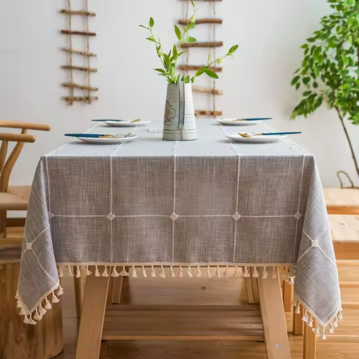 Manteles de arpillera de algodón antiarrugas con borlas a cuadros para cocina, comedor, picnic (gris, 55 x 55 pulgadas) - 1