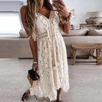 Vestido Bohemio Elegante De Mujer Con Encaje Y Diseño De Hombros Delgados Vestido De Verano Con Broche De Flor A-Line Midi Pullover Sin Mangas V-Neck - details 0