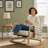 HOMCOM Silla Mecedora con Reposapiés, Respaldo Ajustable, Mecedora de Pana Nórdica, Asiento Amplio, Patas de Madera, Reposabrazos, Cojín Lumbar, Carga 120 kg, para Dormitorio, Salón, Crema - details 3