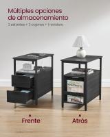 Mesa auxiliar multifuncional con multienchufe, diseño compacto con 2 cajones, ideal como mesita de noche, almacenamiento adicional para salón y dormitorio, disponible en gris ahumado o marrón rústico - details 10