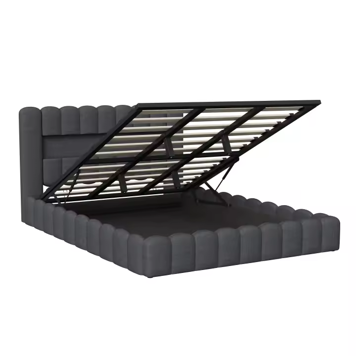 Cama canapé abatible 180x200 cm con cabecero LED, cama doble capitoné tapizada en lino gris con almacenaje - 1