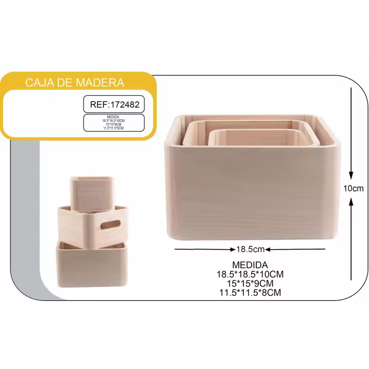 CAJA DE MADERA SET DE 3 UNIDADES 18.5X18.5X10CM 15X15X9CM 11.5X11.5X.8CM - 1