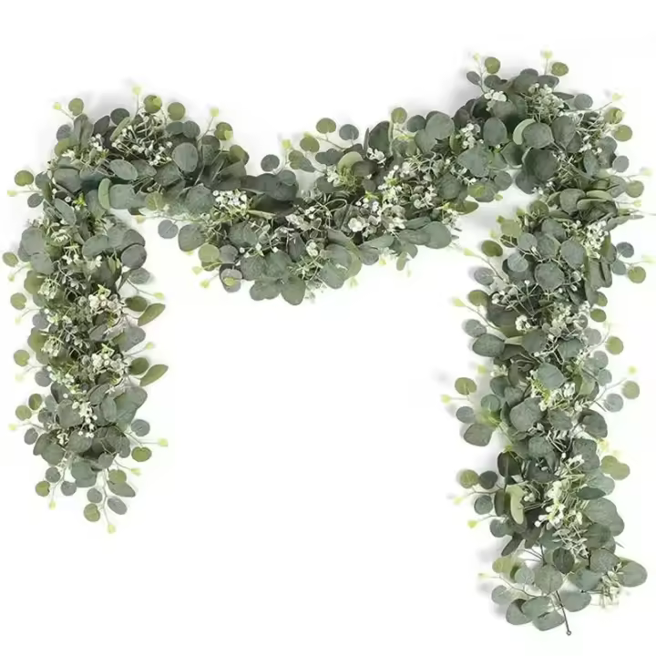 Guirnalda De Hojas De Eucalipto Artificiales Verdes Con Flores Y Bayas Blancas 1pc Para Decoración De Bodas Y Fiestas En Casa - 1