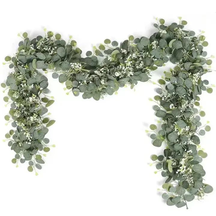 Guirnalda De Hojas De Eucalipto Artificiales Verdes Con Flores Y Bayas Blancas 1pc Para Decoración De Bodas Y Fiestas En Casa - 1