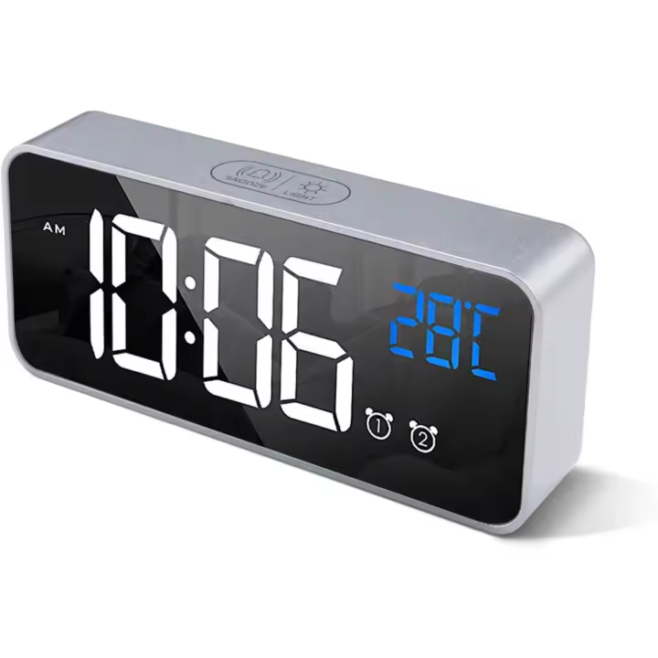 Reloj Despertador Digital with Pantalla LED de Temperature, Alarma de Espejo Portátil with Alarma Doble Tiempo de Repetición 4 Niveles de Brillo Regulable 10 Música Despertadores Digitales - 1