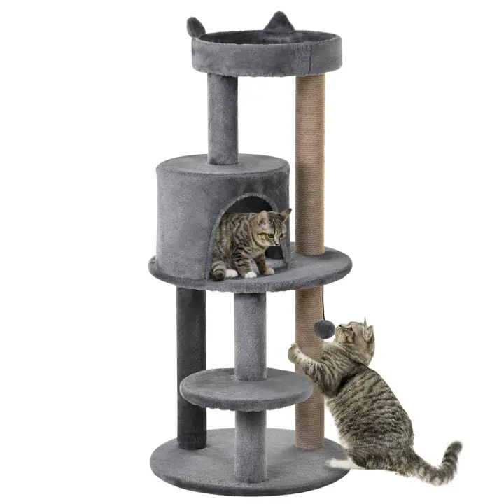 PawHut Árbol Rascador para Gatos de 104 cm Rascador para Gatos con Plataformas Refugio Postes de Sisal y Bola Colgante 48x48x104 cm Crema - 1
