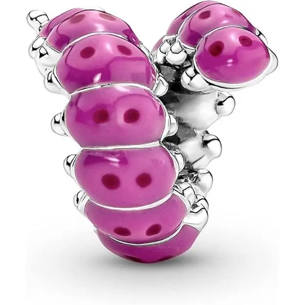Pandora Moments - Colgante de oruga de plata de ley con cristal negro, esmalte rosa y rosa oscuro，Incluye Caja Original - 1