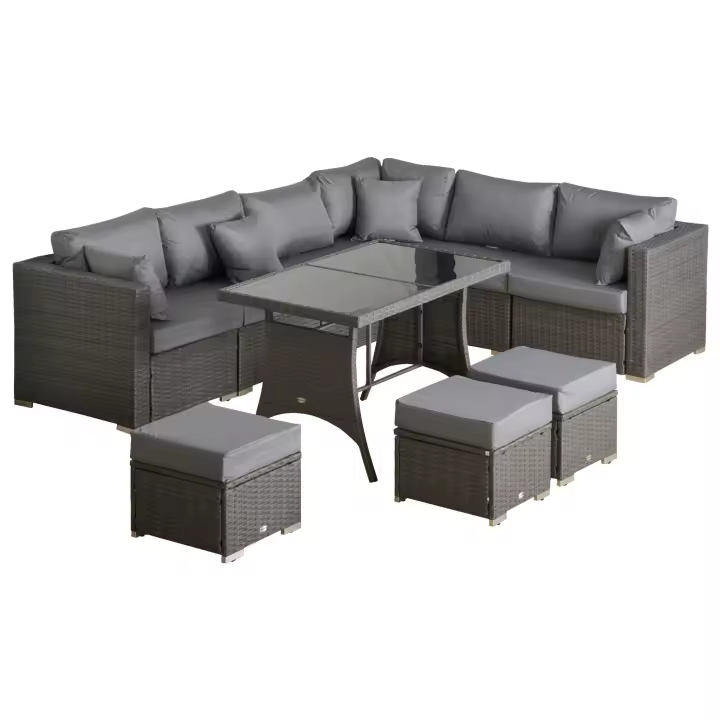 Outsunny 10 uds. Conjunto de jardín, grupo de asientos de polirratán para jardín y terraza, diseño modular, con cojines de asiento y respaldo, cojines, estructura de metal inoxidable, gris oscuro - 1