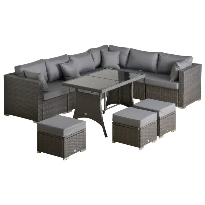 Outsunny 10 uds. Conjunto de jardín, grupo de asientos de polirratán para jardín y terraza, diseño modular, con cojines de asiento y respaldo, cojines, estructura de metal inoxidable, gris oscuro - 1