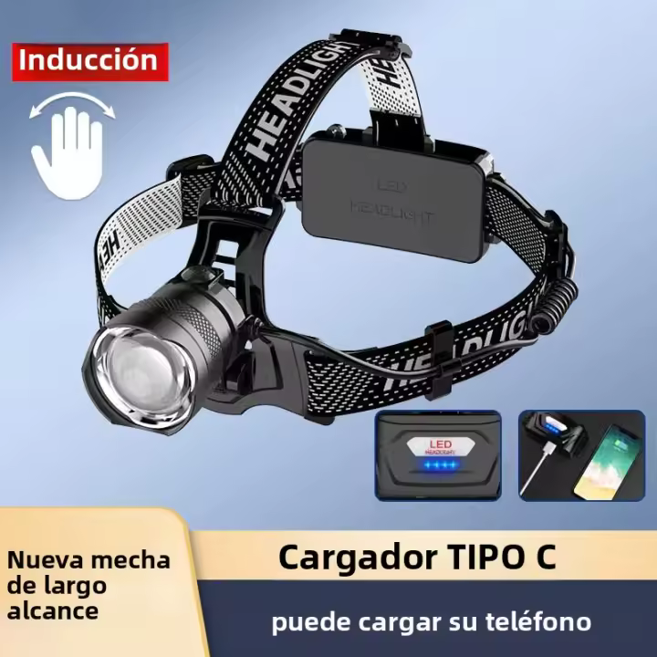 Linterna Frontal LED Con Sensor De Láser Blanco XHP90 Recargable USB Torch Lantern De Batería 18650 Para Pesca Camping Y Caza - 1