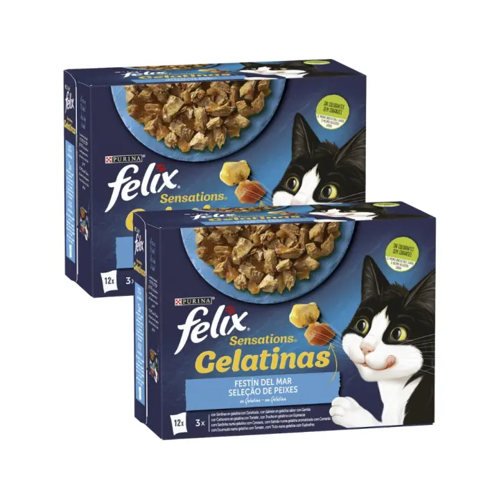 FELIX - Sensations Gelatina (24x85 gr) - Comida Húmeda Festín del Mar (Sardinas, Salmón, Carbonero y Trucha) (2 Cajas de 12x85 gr) - 1