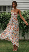 Vestido Maxi Bohemio De Verano Para Mujer En Chiffon Floral Sin Mangas Cuello En V A-Line Largo Con Espalda Descubierta Y Volante - details 20