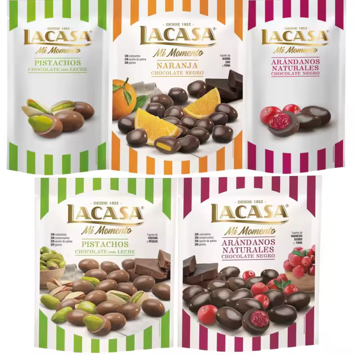 Lacasa Mi Momento pack de 5:Arándano Choco Negro ,Pistacho Choco Leche,Arándano Choco Negro ,Naranja Choco Negro ,Pistacho Choco Leche - 1